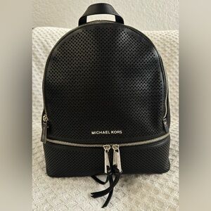 Michael Kors Medium Rhea Perforated Leather Zip Backpack in Black Retail $328